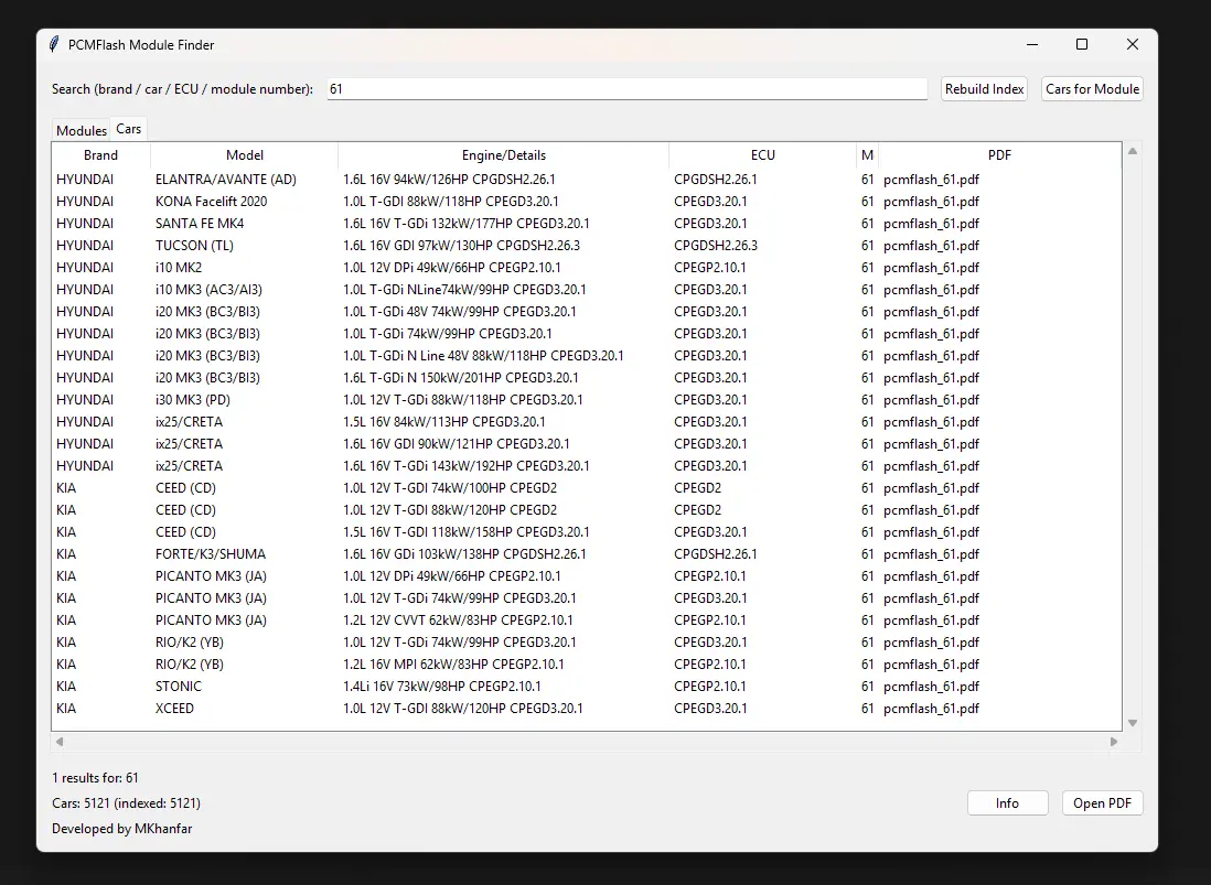 PCMFlash Module Finder Interface